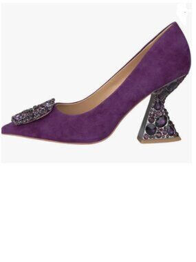 YDN Purple Studded Buckle Pumps Rhinestone Slip On Crystal Chunky High Heel Shoe